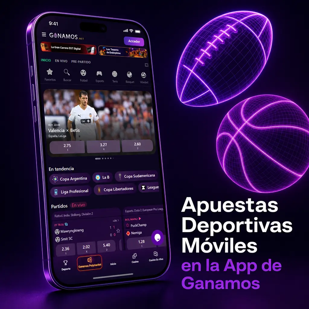 Apuestas deportivas en vivo y pre partido desde la app de Ganamos, con más de 20 disciplinas y cuotas actualizadas al instante.