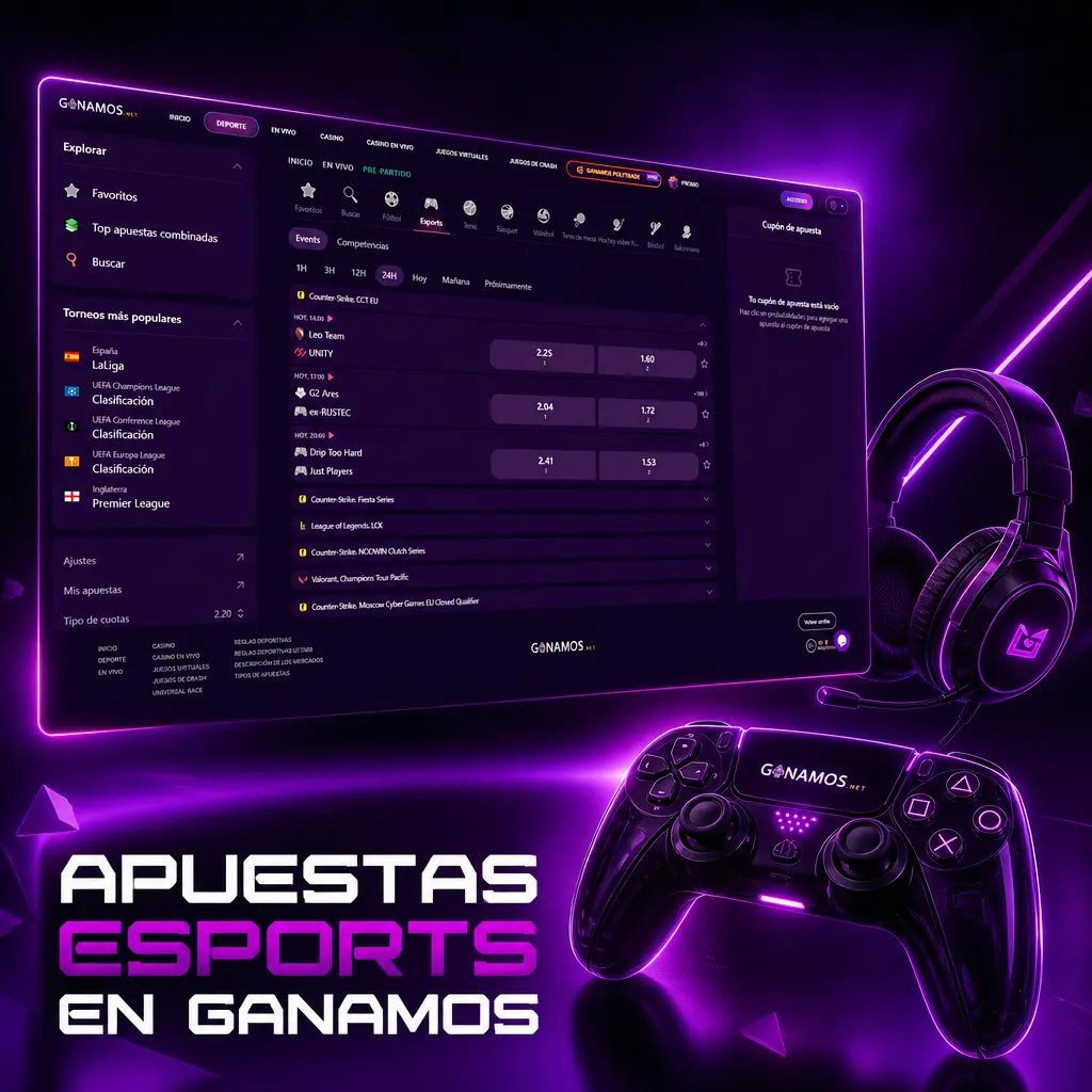 Apuestas eSports en Ganamos: cuotas para LoL, CS2, Dota 2, Valorant y EA Sports FC en torneos internacionales.