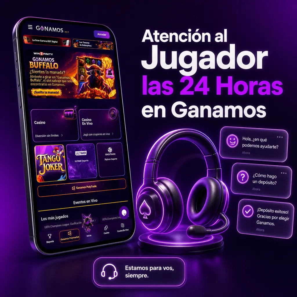 Atención al jugador las 24 horas en Ganamos: chat en vivo y correo para consultas sobre depósitos, retiros y cuotas