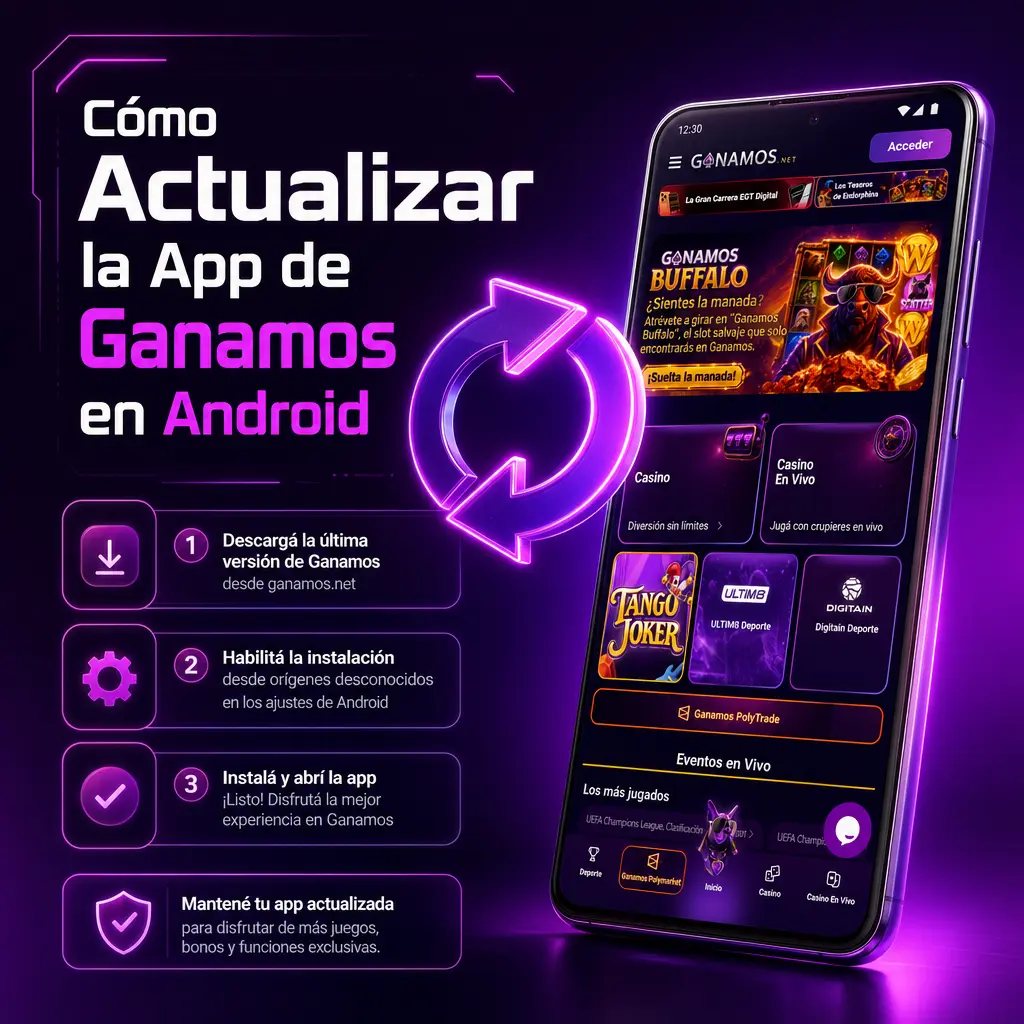 Pasos para actualizar la app de Ganamos en Android: descargar el APK más reciente, instalarlo y verificar la versión en la cuenta.