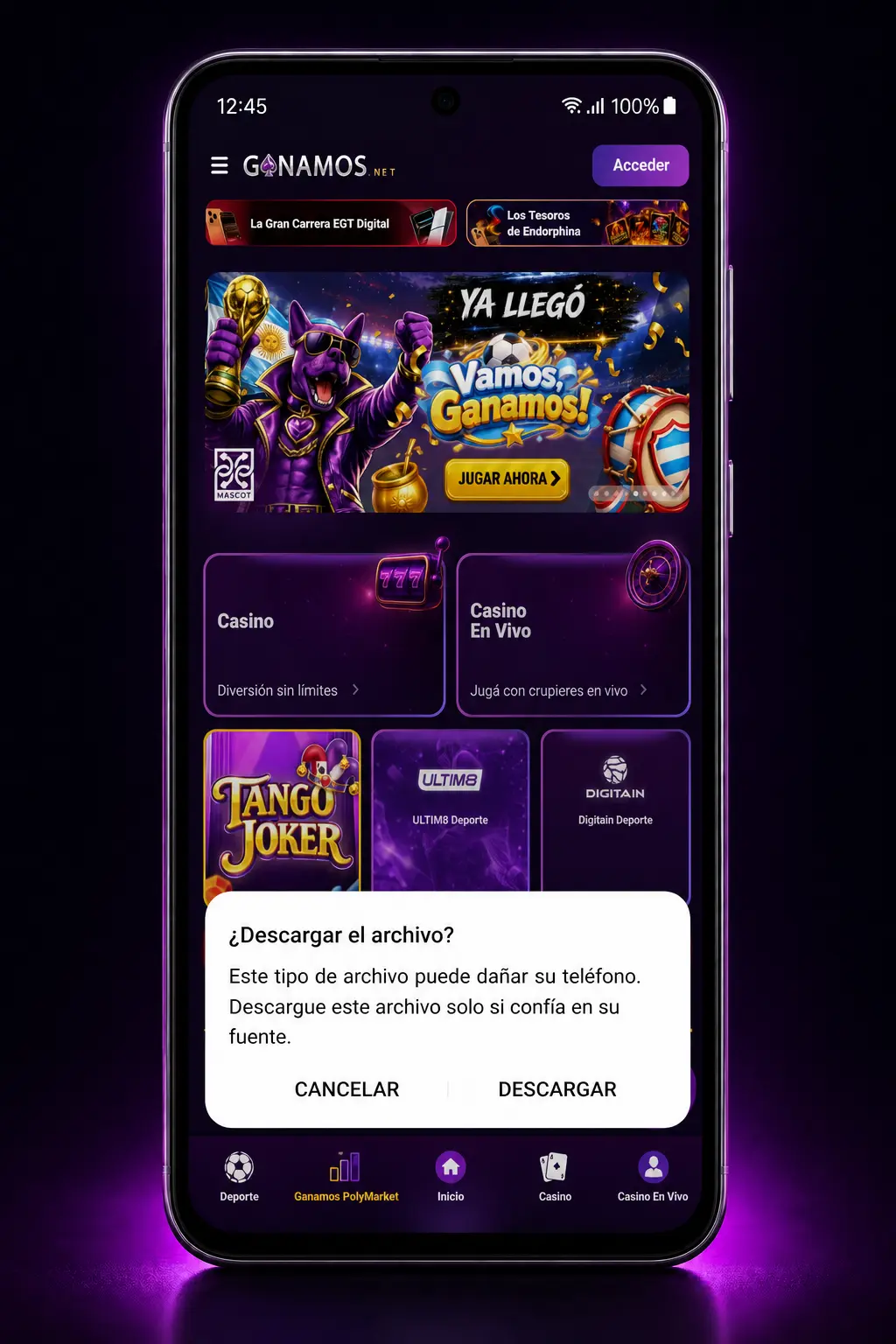 Pasos para descargar e instalar el APK de Ganamos en Android desde el sitio oficial, compatible con celulares desde 2018.
