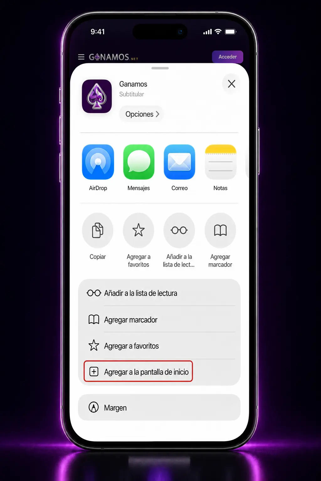 Pasos para descargar e instalar la app de Ganamos en iOS mostrados en la pantalla de un dispositivo Apple