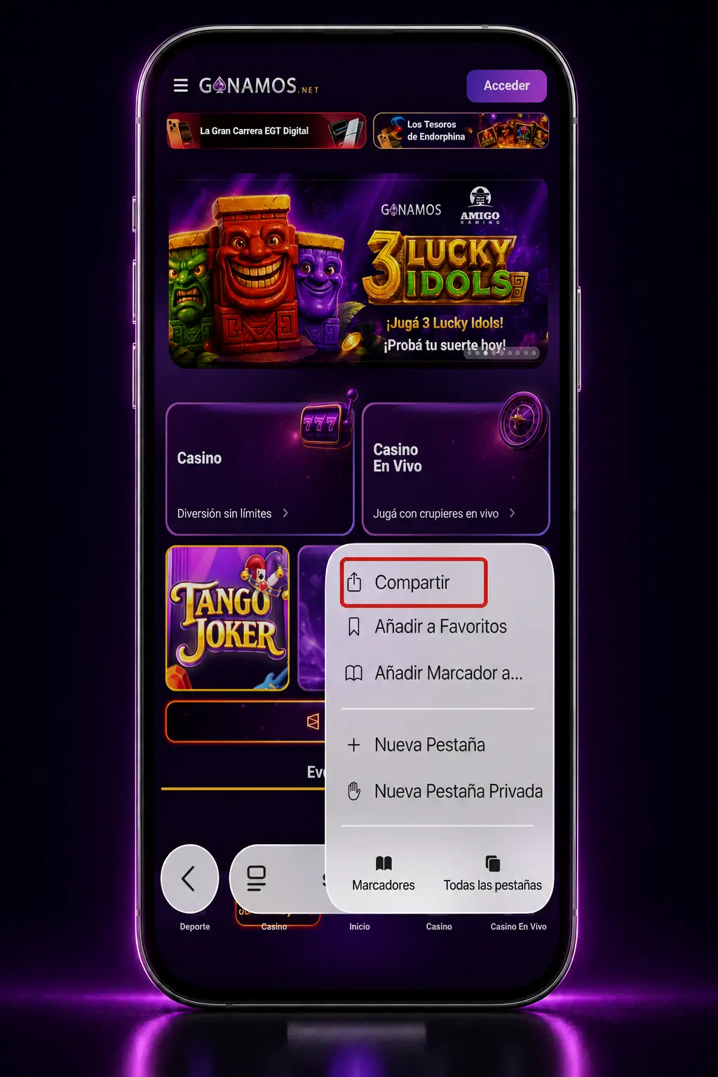 Pasos para descargar e instalar la app de Ganamos en iOS mostrados en captura de pantalla móvil