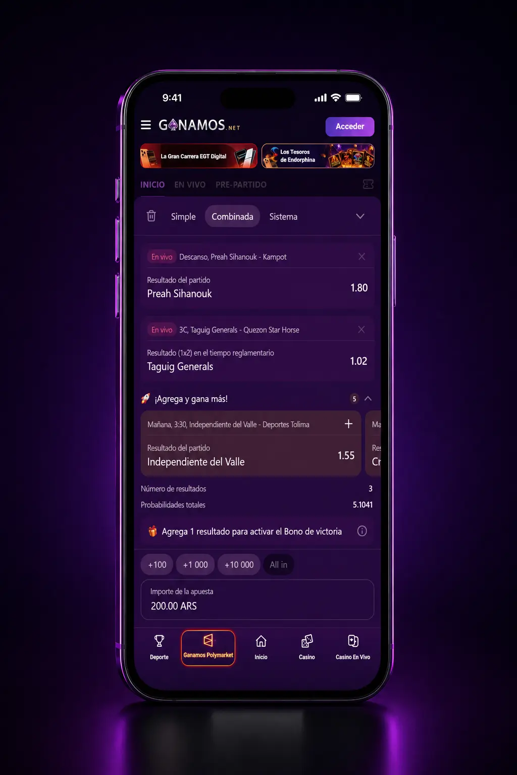 Captura de pantalla mostrando cómo hacer una apuesta deportiva paso a paso en Ganamos