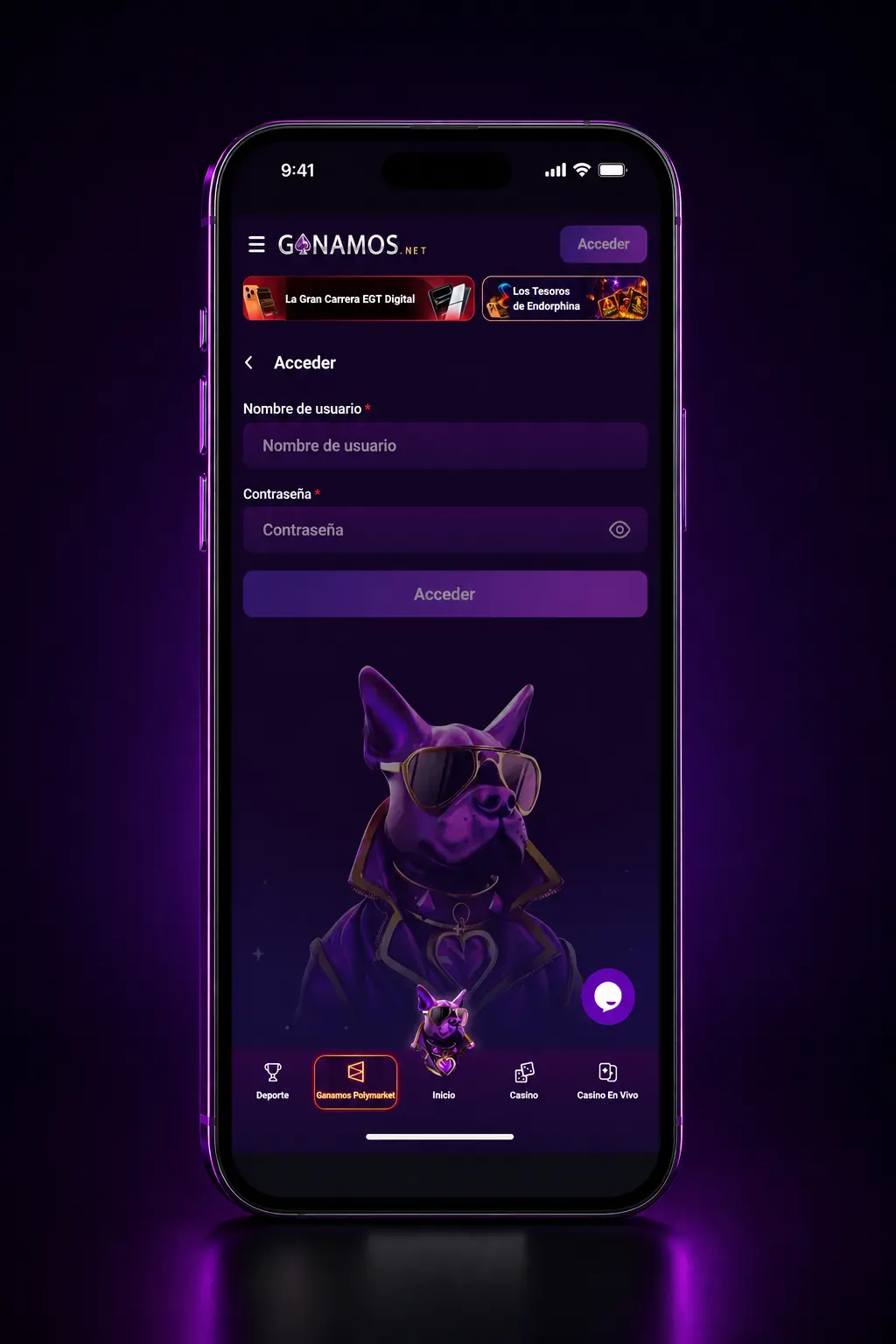 Pasos para hacer una apuesta deportiva en Ganamos desde la app, con selección de deporte y monto en ARS.