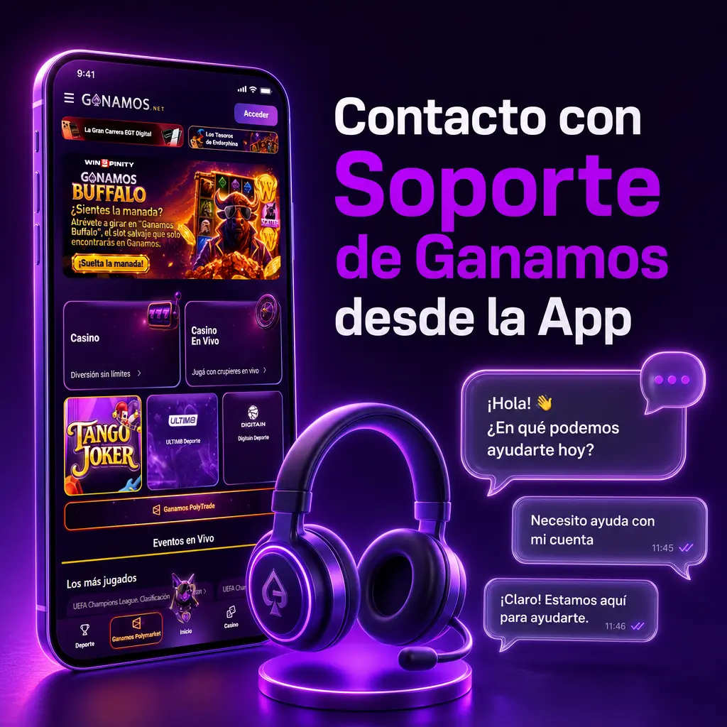 Contacto con soporte de Ganamos desde la app: chat en vivo, WhatsApp, correo y preguntas frecuentes las 24 horas