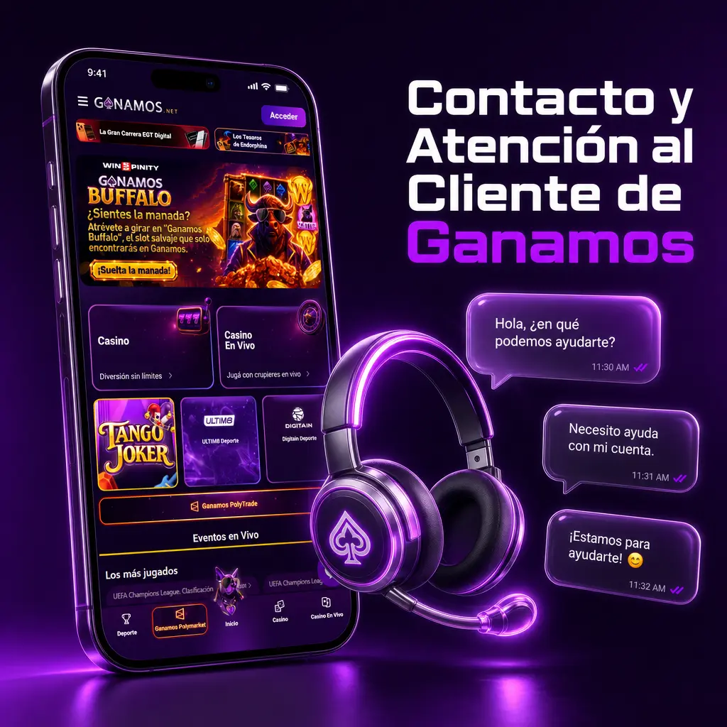 Atención al cliente de Ganamos disponible 24/7 por chat en vivo, WhatsApp, correo electrónico y centro de ayuda.