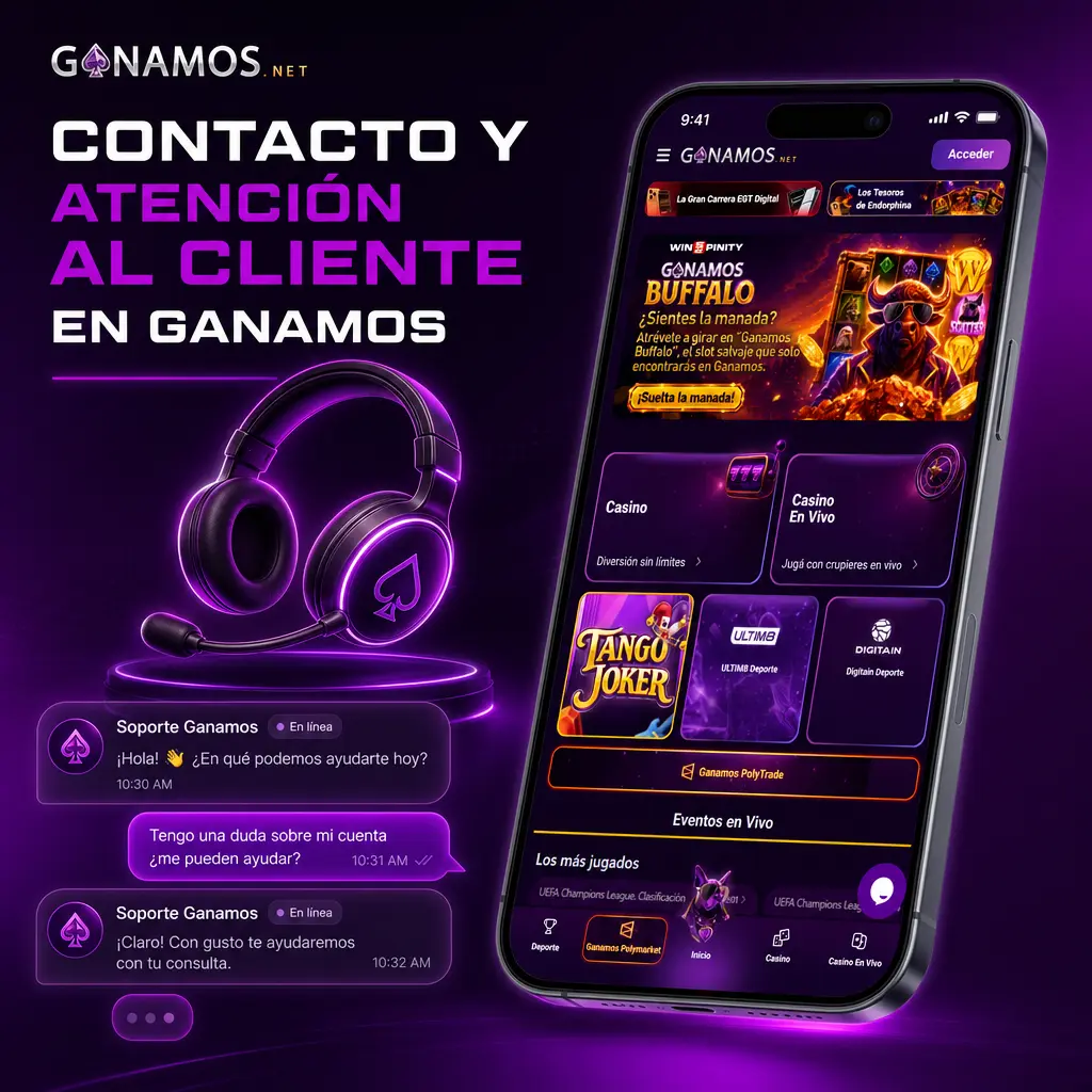 Atención al cliente de Ganamos disponible las 24 horas por chat, correo, WhatsApp, teléfono y redes sociales