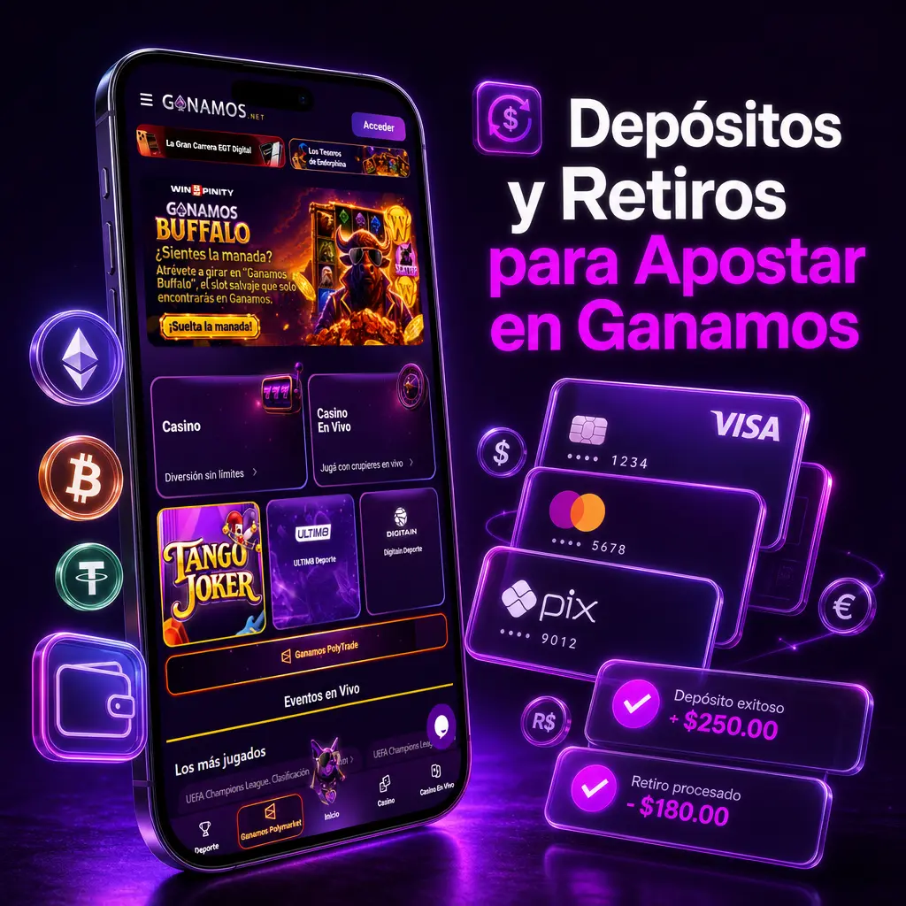 Depósitos y retiros en Ganamos con USDT, Mercado Pago, Cuenta DNI y Ualá para apostar de forma rápida y segura.
