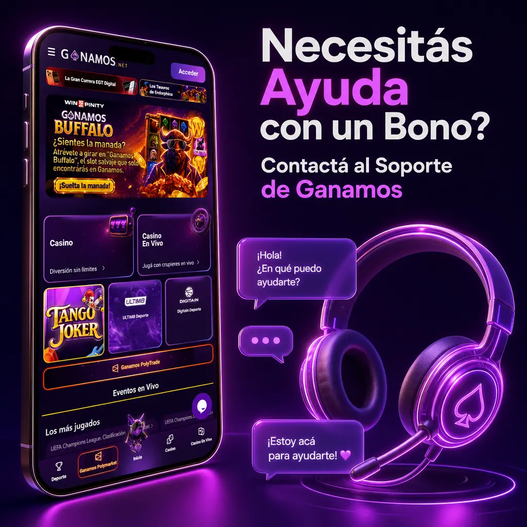 Soporte de Ganamos disponible 24/7 para ayudarte con bonos vía chat, email, WhatsApp y centro de ayuda