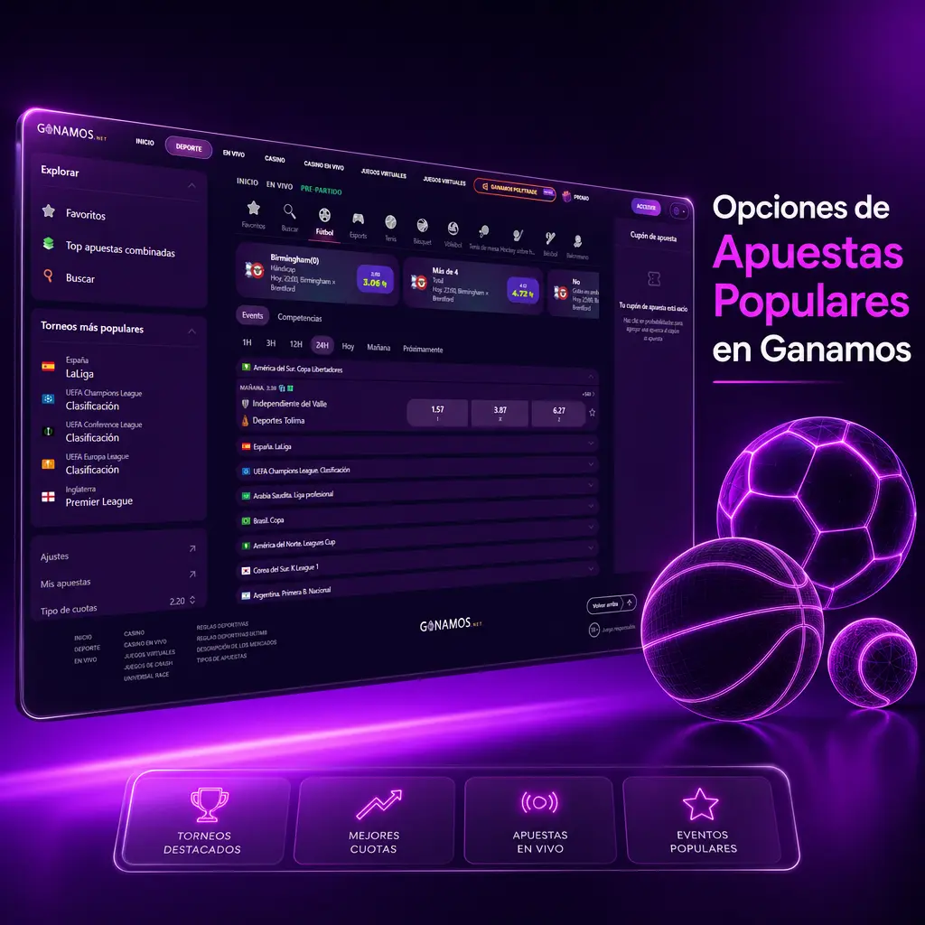 Mercados deportivos en Ganamos: apuestas prematch, en vivo y combinadas con cuotas actualizadas
