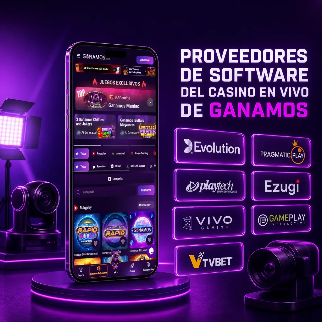 Proveedores de casino en vivo de Ganamos: Evolution Gaming, Pragmatic Play Live, Authentic Gaming, Vivo Gaming y Lucky Streak.