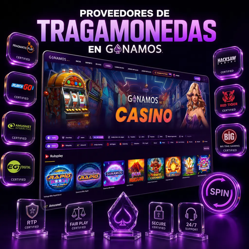 Proveedores de tragamonedas en Ganamos: Pragmatic Play, Play'n GO, NetEnt, Betsoft, Habanero, EGT, Spinomenal y Spribe.