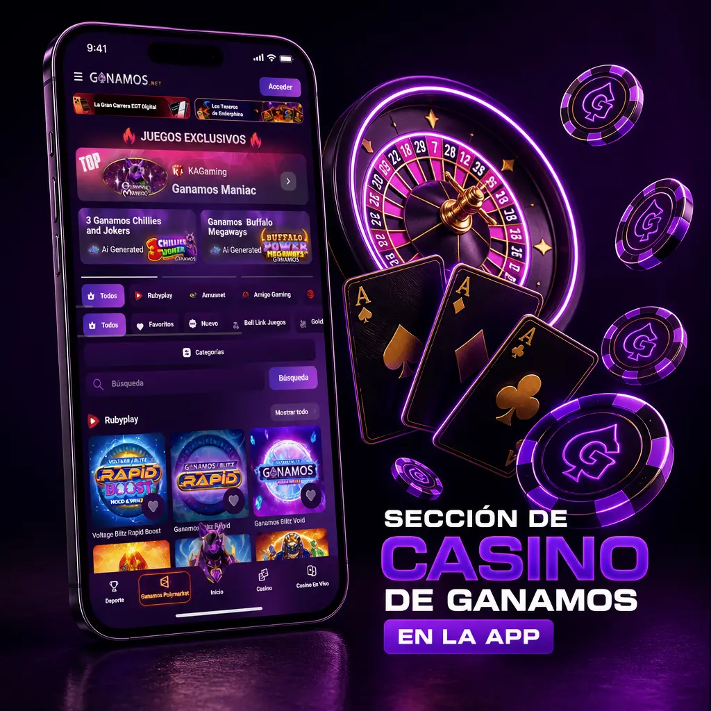 Sección de casino en la app de Ganamos con tragamonedas, mesas en vivo, blackjack, ruleta y crash games como Aviator.