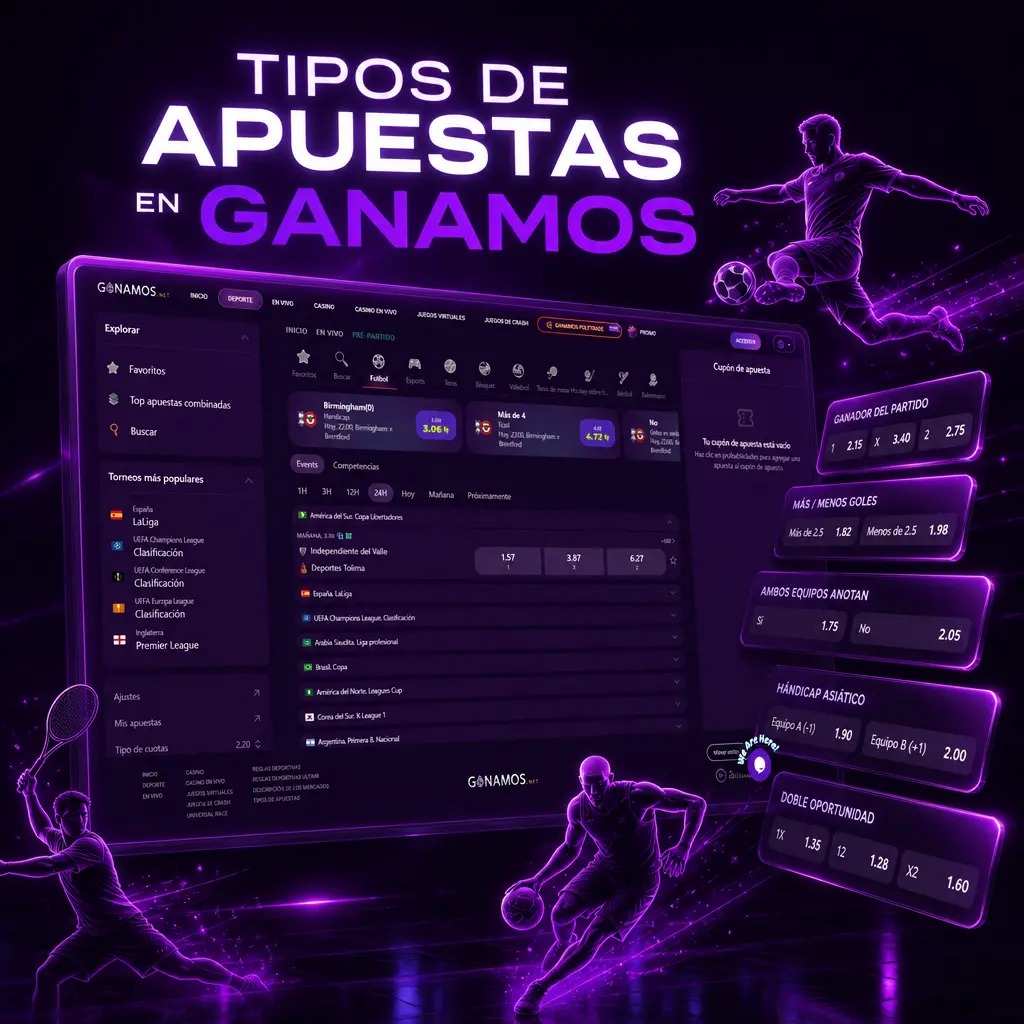 Tipos de apuestas disponibles en Ganamos: simple, combinada, sistema, hándicap, over/under y doble oportunidad.